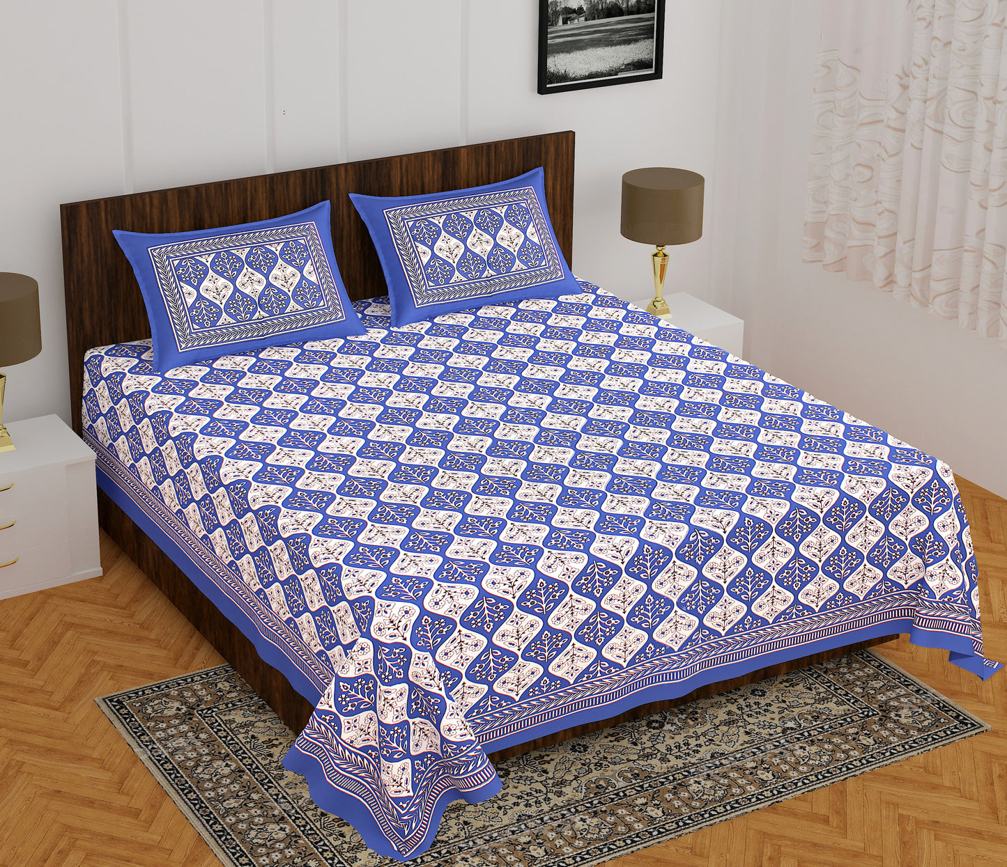 Jaipuri Cotton Double Prints Flat Bedsheet  (Pack of 1, Blue)