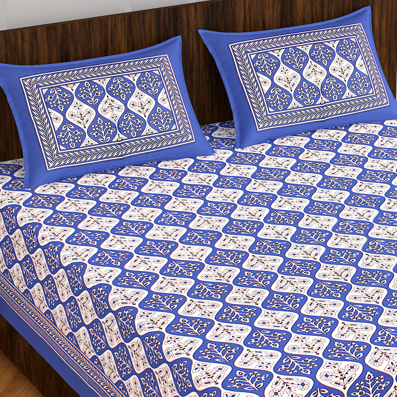 Jaipuri Cotton Double Prints Flat Bedsheet  (Pack of 1, Blue)