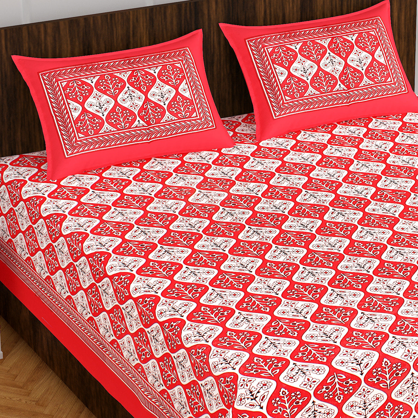 Jaipuri Cotton Double Prints Flat Bedsheet  (Pack of 1, Red)