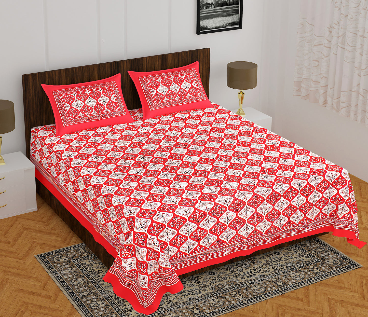 Jaipuri Cotton Double Prints Flat Bedsheet  (Pack of 1, Red)
