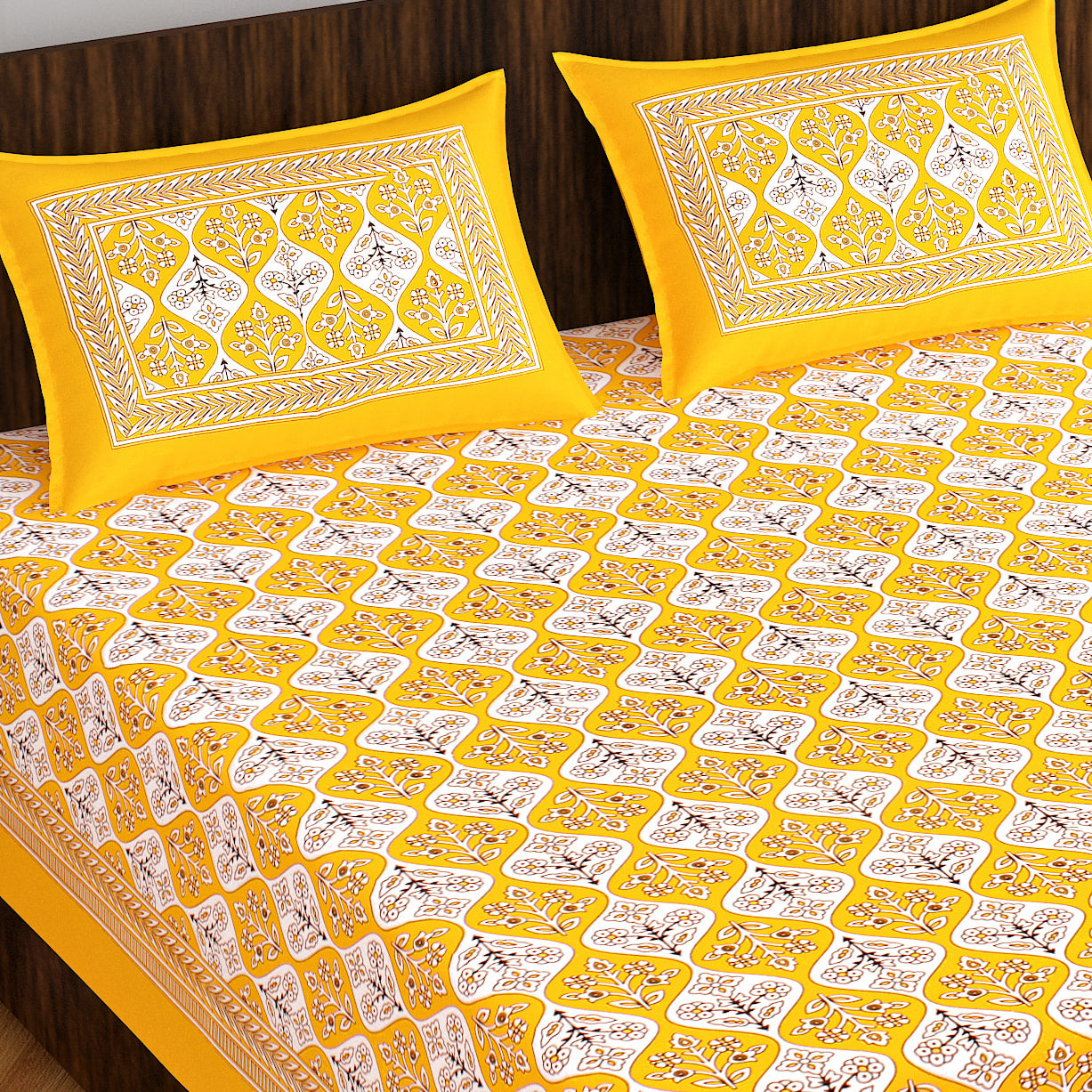 Jaipuri Cotton Double Prints Flat Bedsheet  (Pack of 1, Yellow)