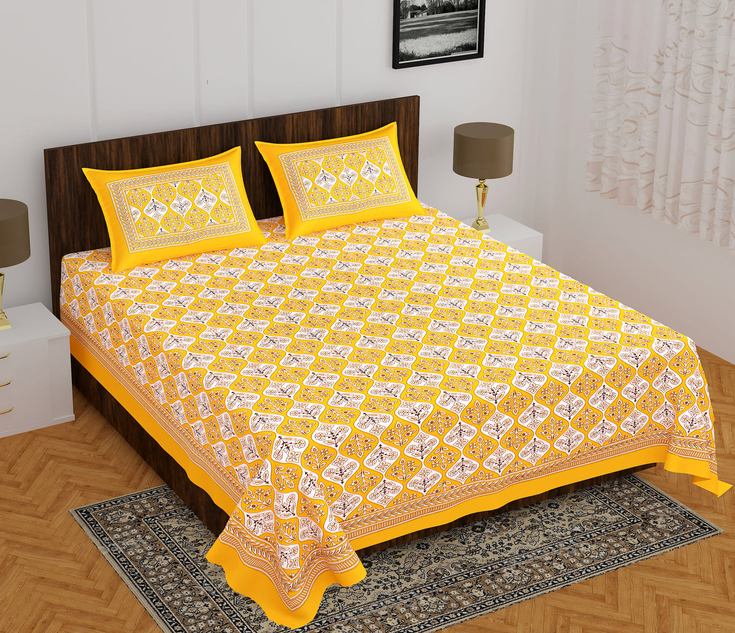 Jaipuri Cotton Double Prints Flat Bedsheet  (Pack of 1, Yellow)