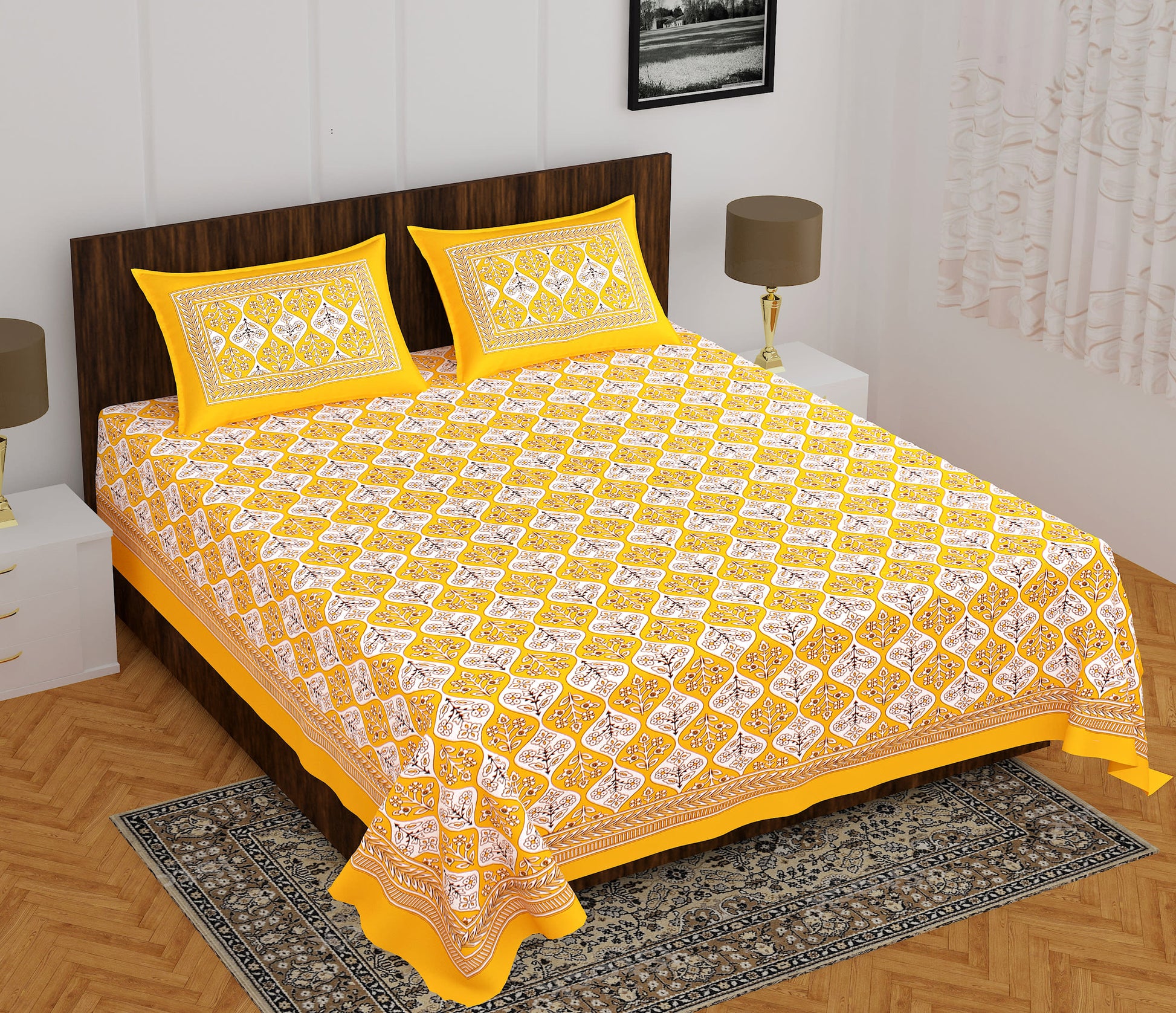 Jaipuri Cotton Double Prints Flat Bedsheet  (Pack of 1, Yellow)