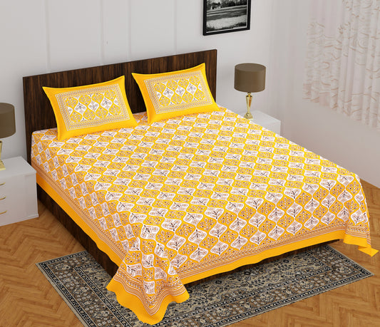 Jaipuri Cotton Double Prints Flat Bedsheet  (Pack of 1, Yellow)