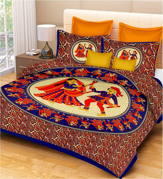 Jaipuri Prints Cotton Double Bedsheet (Blue)