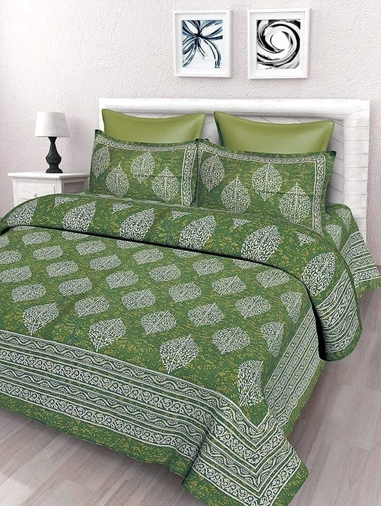 Jaipuri Prints Cotton Double Bedsheet (Green)
