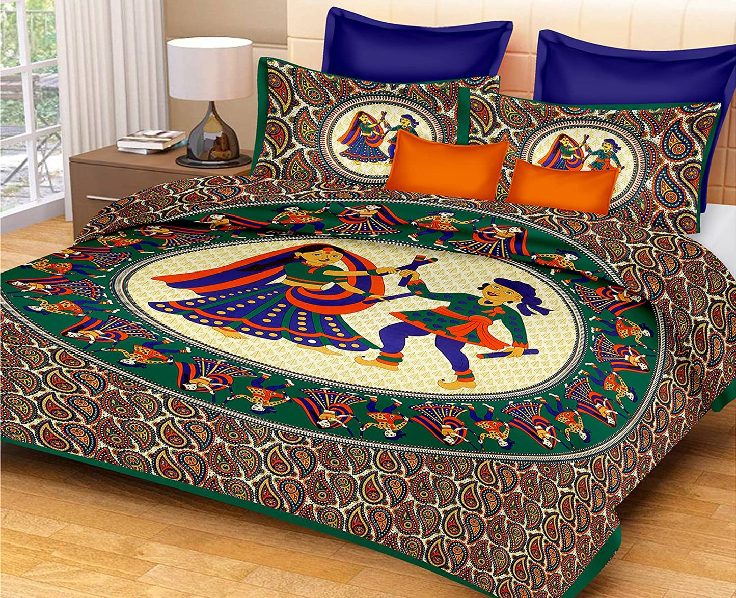 Jaipuri Prints Cotton Double Bedsheet (Green)