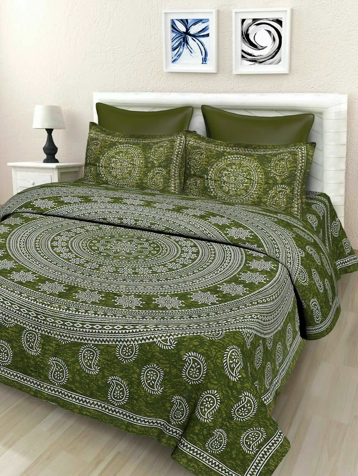 Jaipuri Prints Cotton Double Bedsheet (Green)