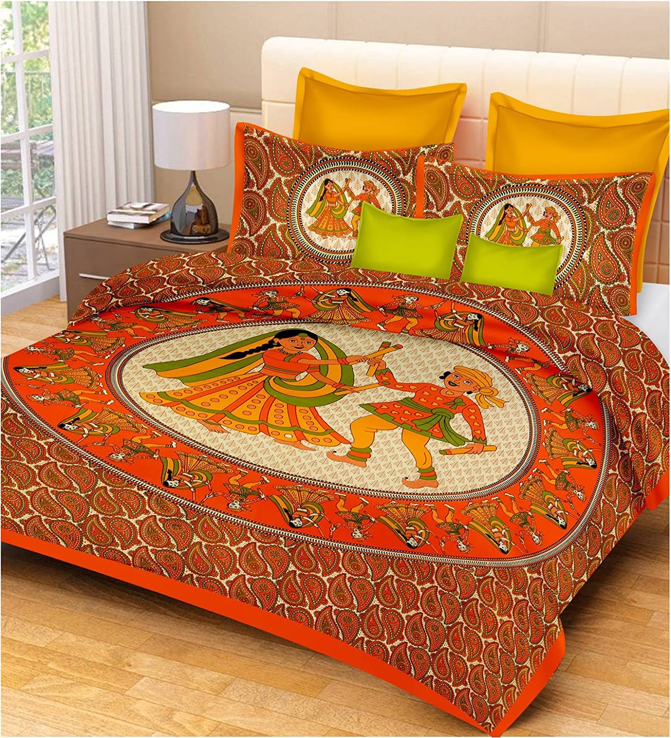 Jaipuri Prints Cotton Double Bedsheet (Orange)
