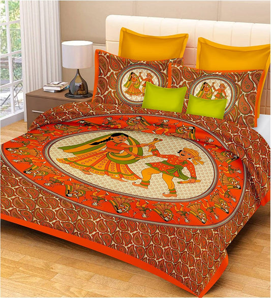 Jaipuri Prints Cotton Double Bedsheet (Orange)