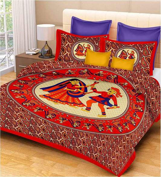 Jaipuri Prints Cotton Double Bedsheet (Red)