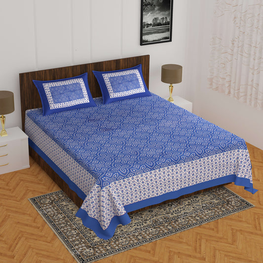 Jaipuri Prints Cotton Double Bedsheet with 2 Pillow Covers -(Blue )