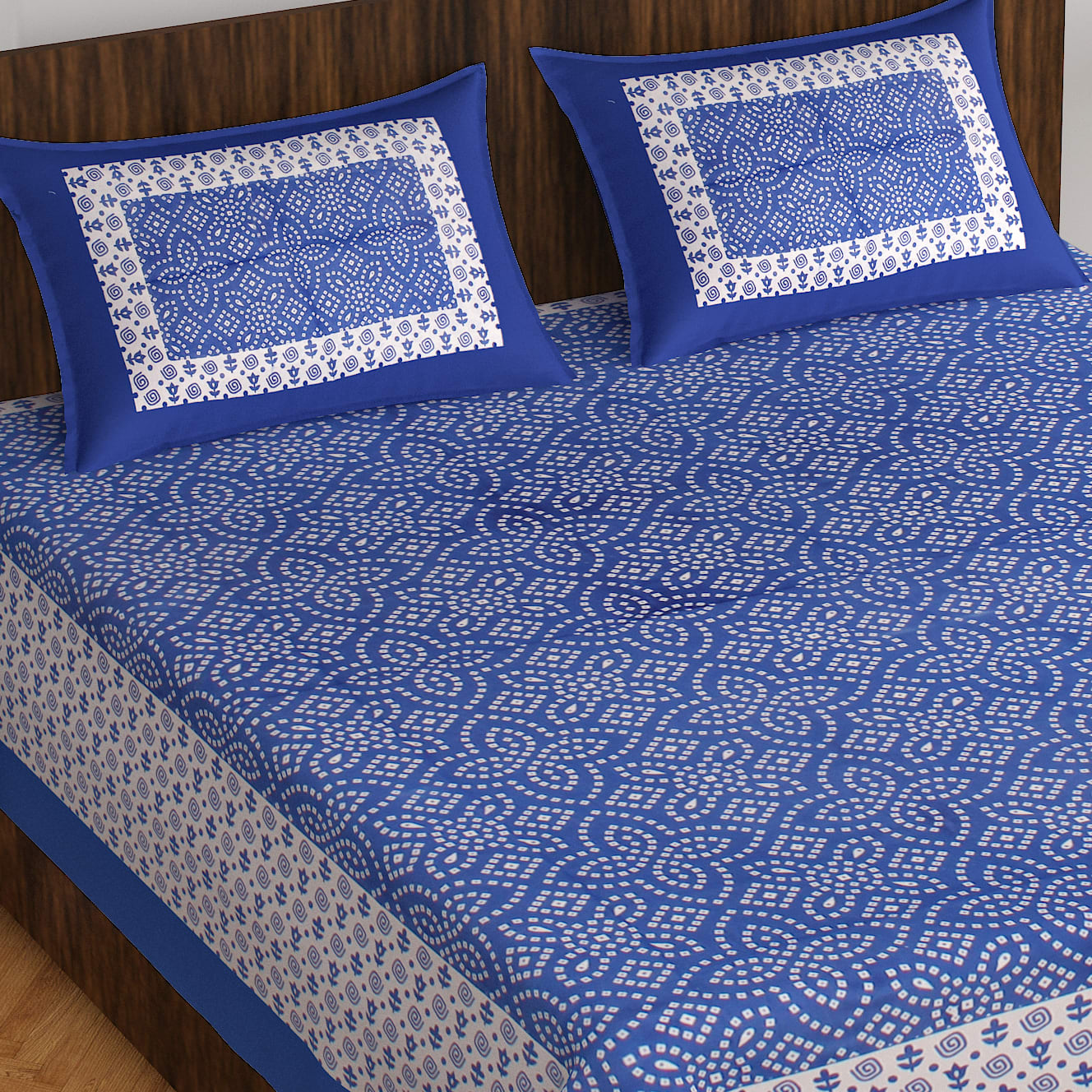 Jaipuri Prints Cotton Double Bedsheet with 2 Pillow Covers -(Blue )