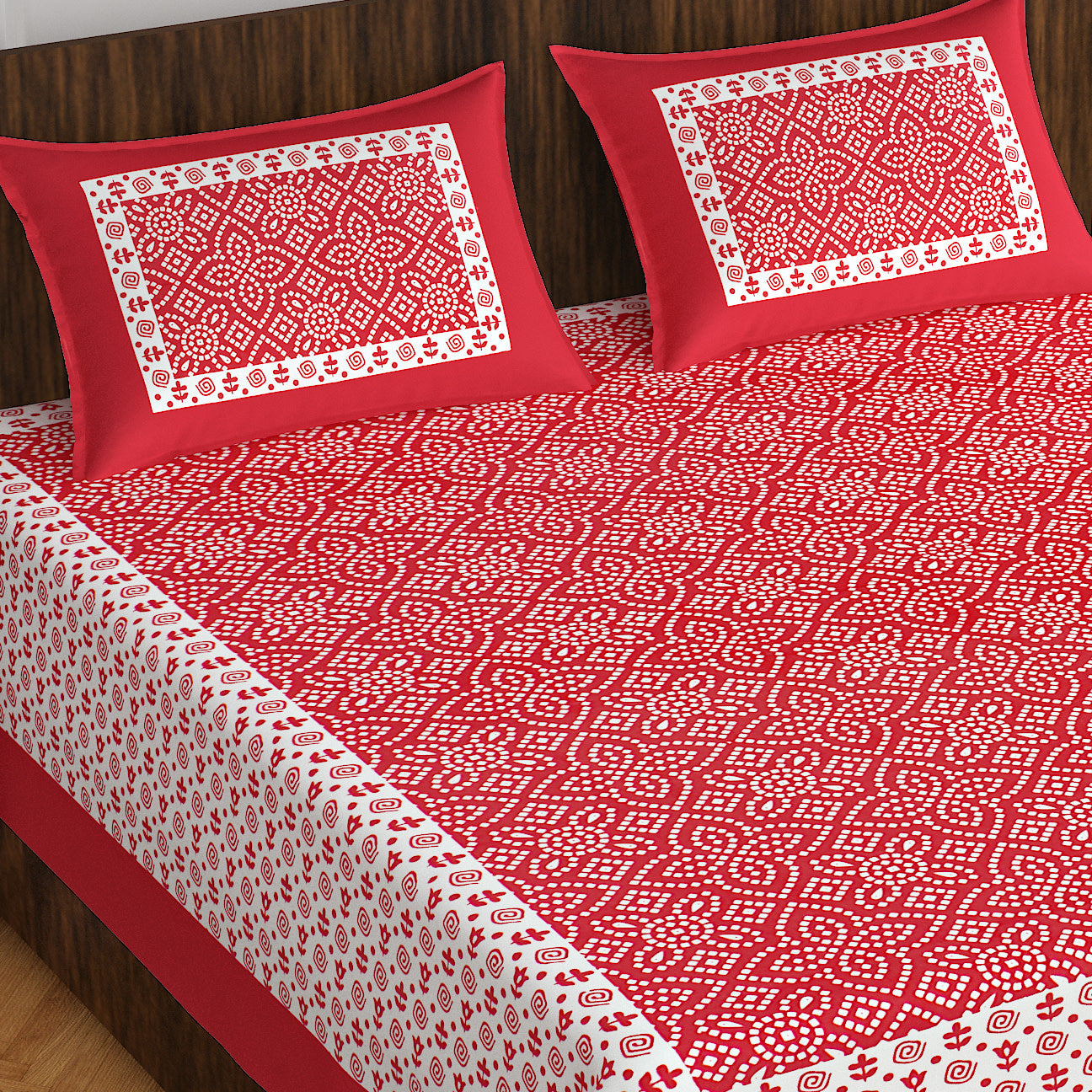 Jaipuri Prints Cotton Double Bedsheet with 2 Pillow Covers -(Red )