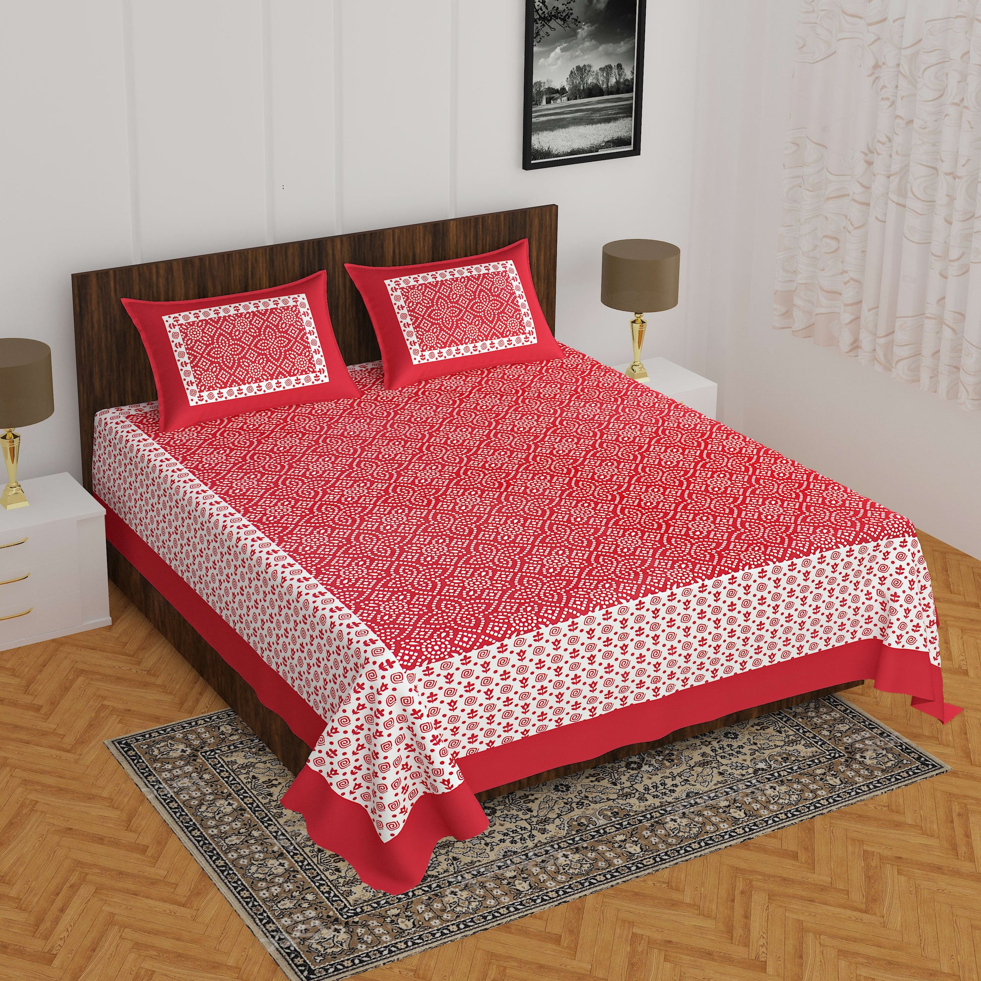 Jaipuri Prints Cotton Double Bedsheet with 2 Pillow Covers -(Red )