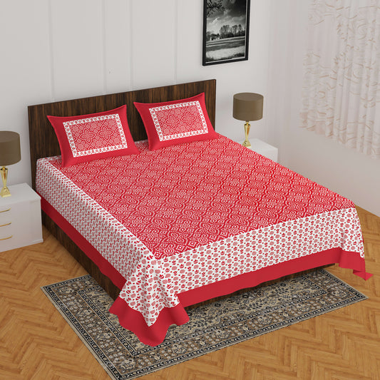 Jaipuri Prints Cotton Double Bedsheet with 2 Pillow Covers -(Red )