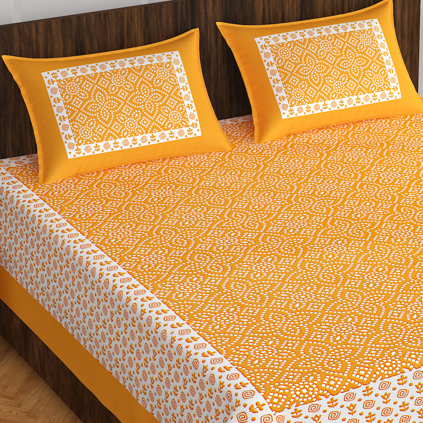 Jaipuri Prints Cotton Double Bedsheet with 2 Pillow Covers -(Yellow)