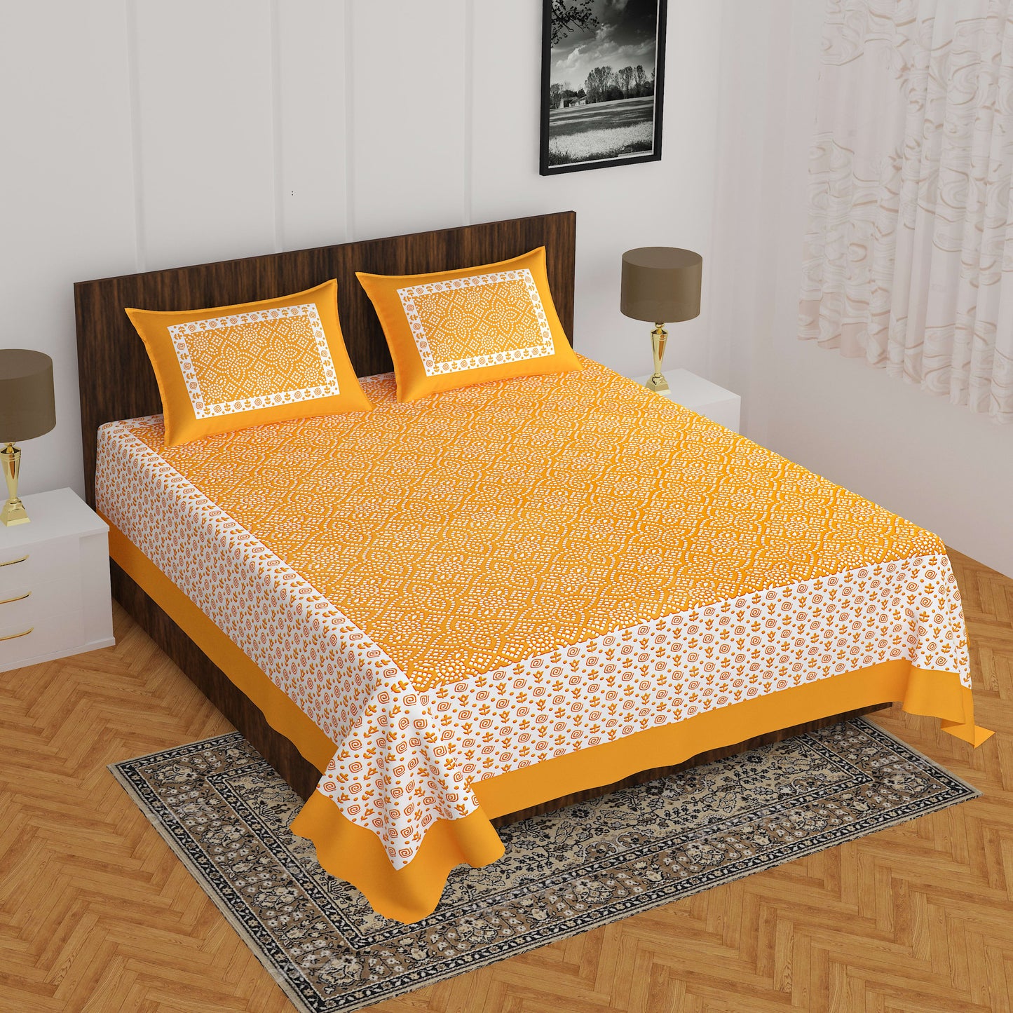 Jaipuri Prints Cotton Double Bedsheet with 2 Pillow Covers -(Yellow)