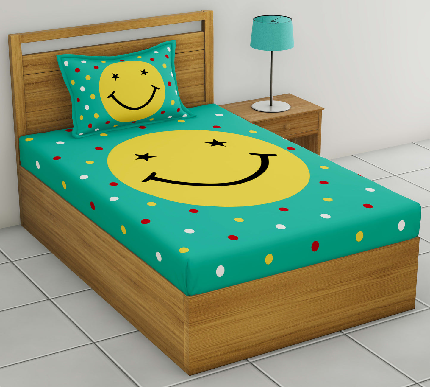 Jaipuri Smiley Prints  Cotton Single Bedsheet (Green)