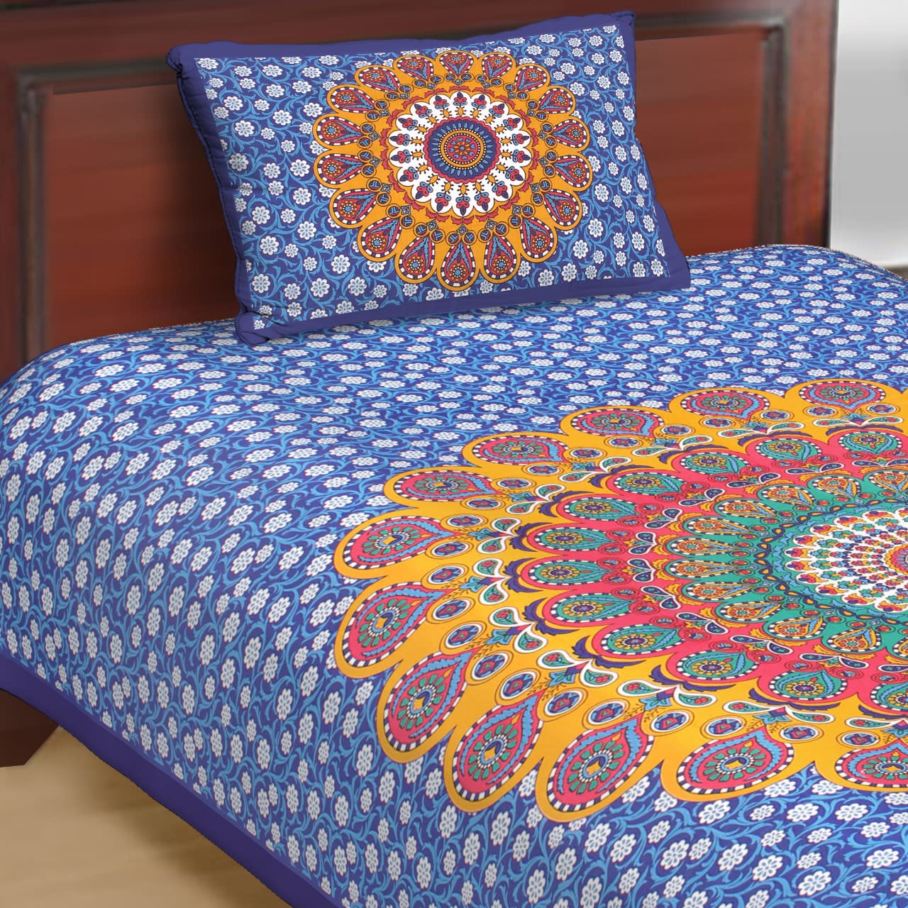Jaipuri Prints Cotton Single Bedsheet (Multicolor)