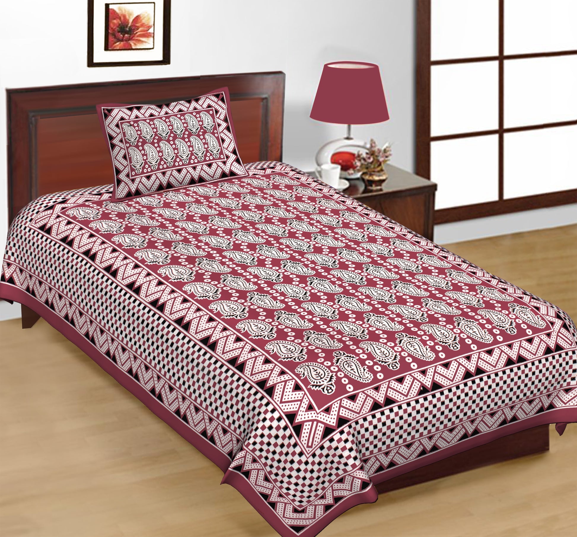 Jaipuri Prints Cotton Single Bedsheet with 1 pillow cover