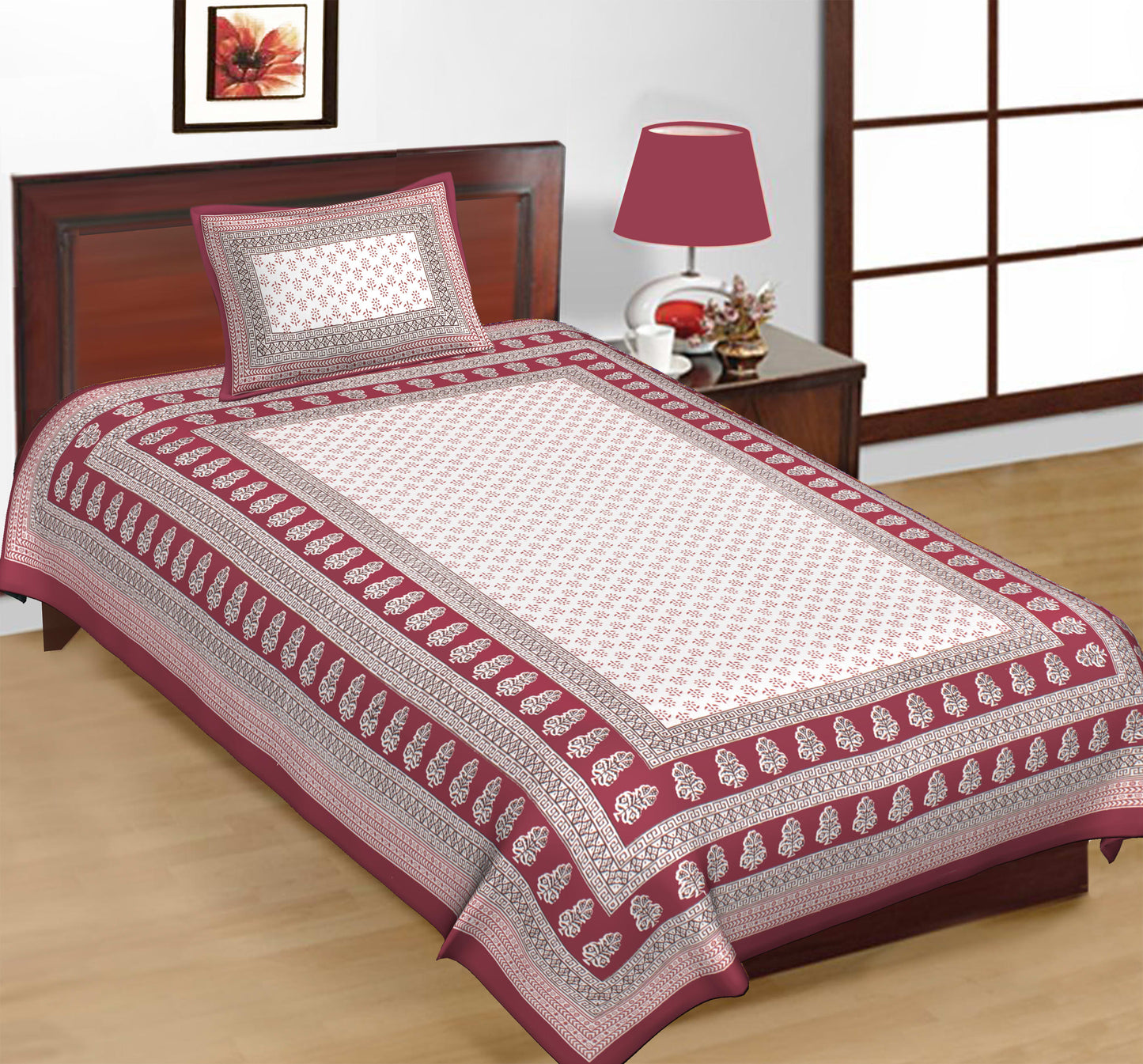 Jaipuri Prints Cotton Single Bedsheet with 1 pillow cover