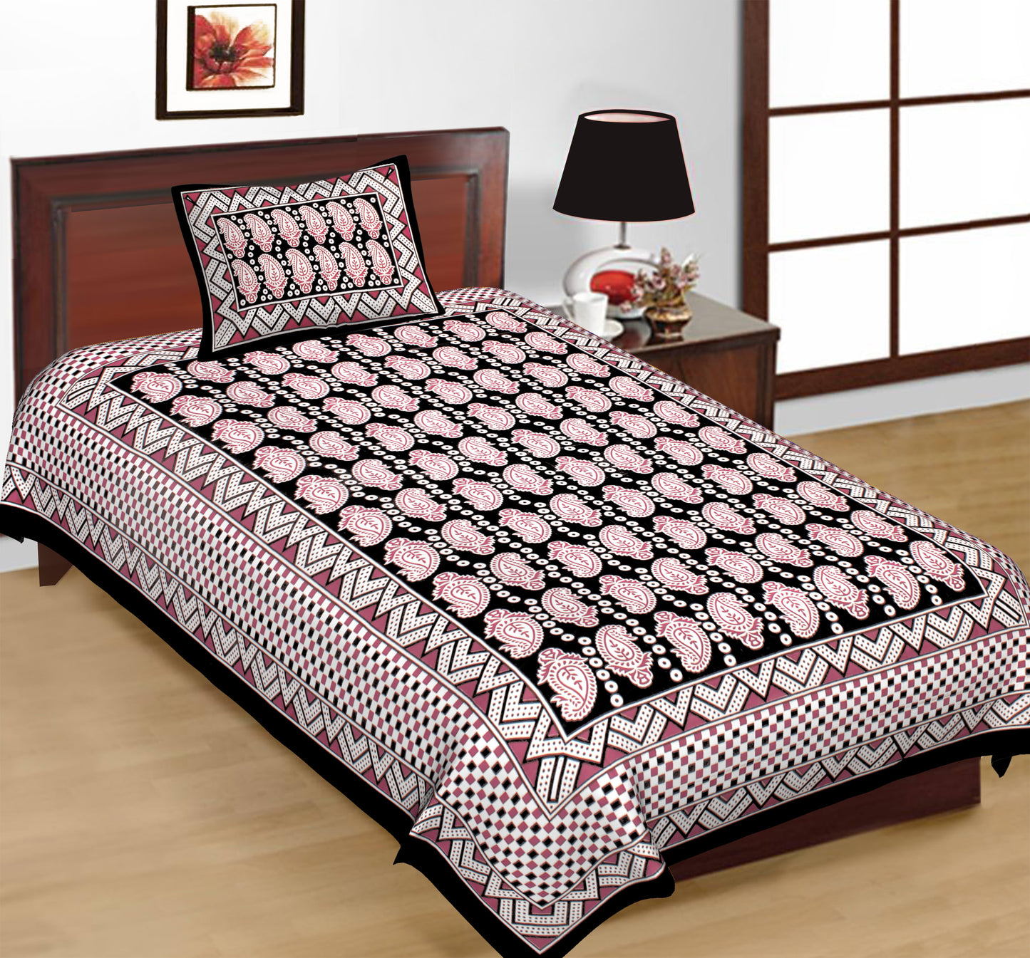Jaipuri Prints Cotton Single Bedsheet with 1 pillow cover