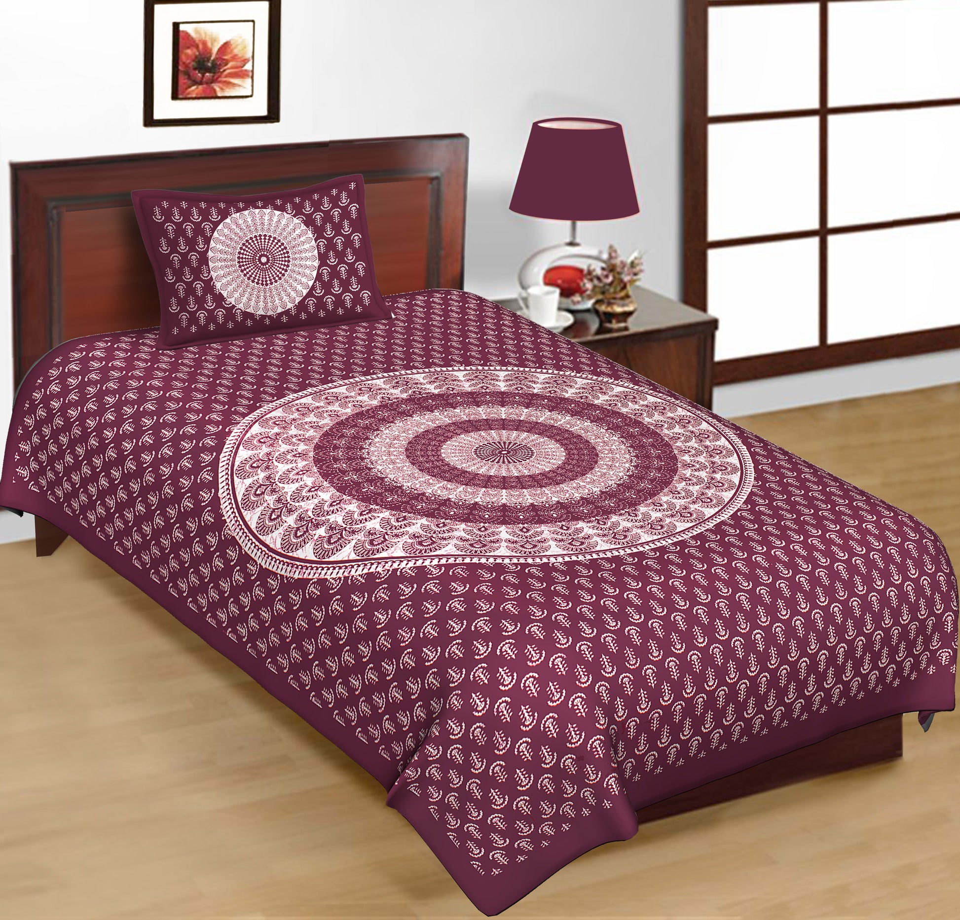 Jaipuri Prints Cotton Single Bedsheet with 1 pillow cover