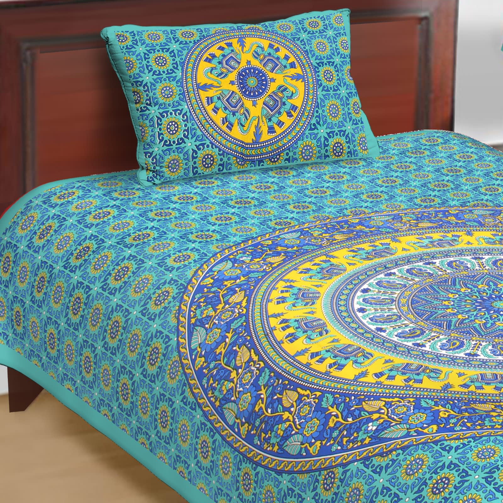 Jaipuri Prints Cotton Single Bedsheet with 1 pillow cover