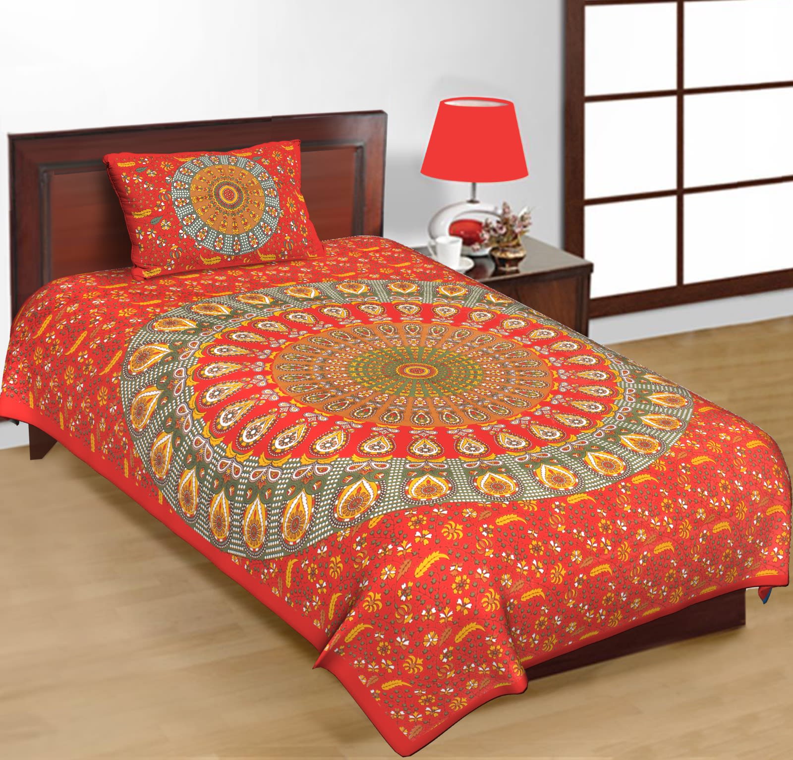 Jaipuri Prints Cotton Single Bedsheet with 1 pillow cover