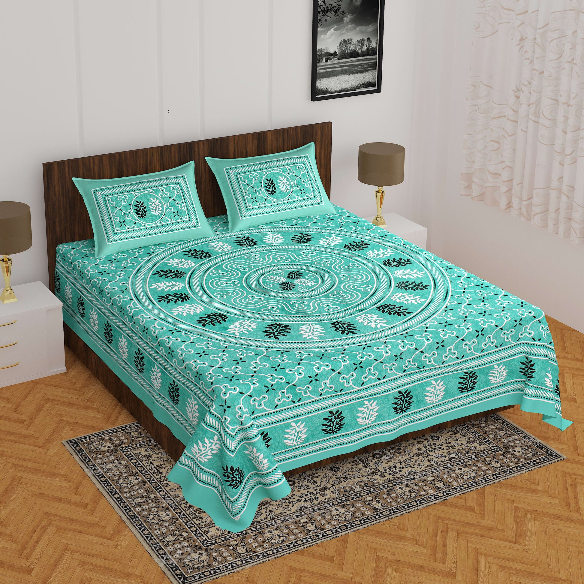Jaipuri Traditional Double Bed Bedsheet with 2 Pillow Covers