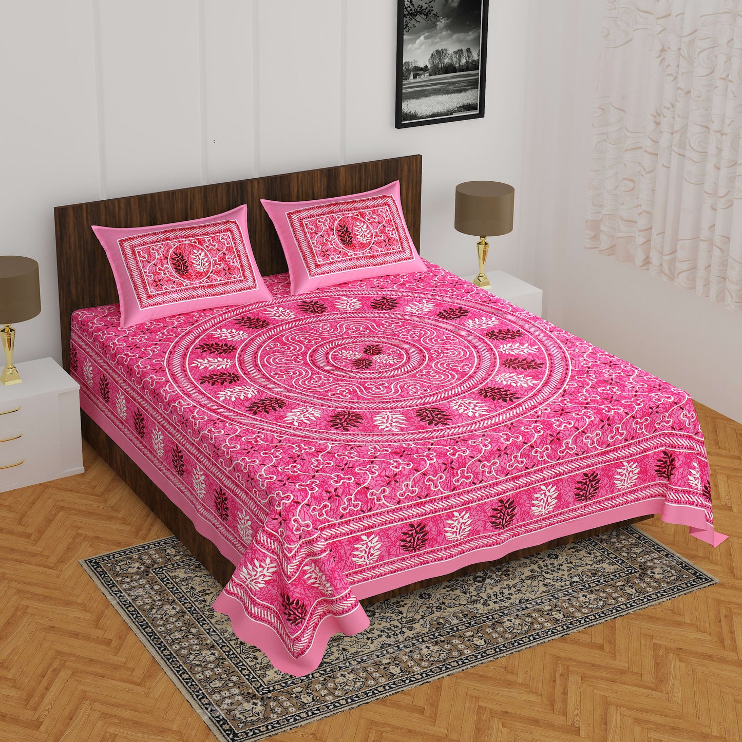 Jaipuri Traditional Double Bed Bedsheet with 2 Pillow Covers