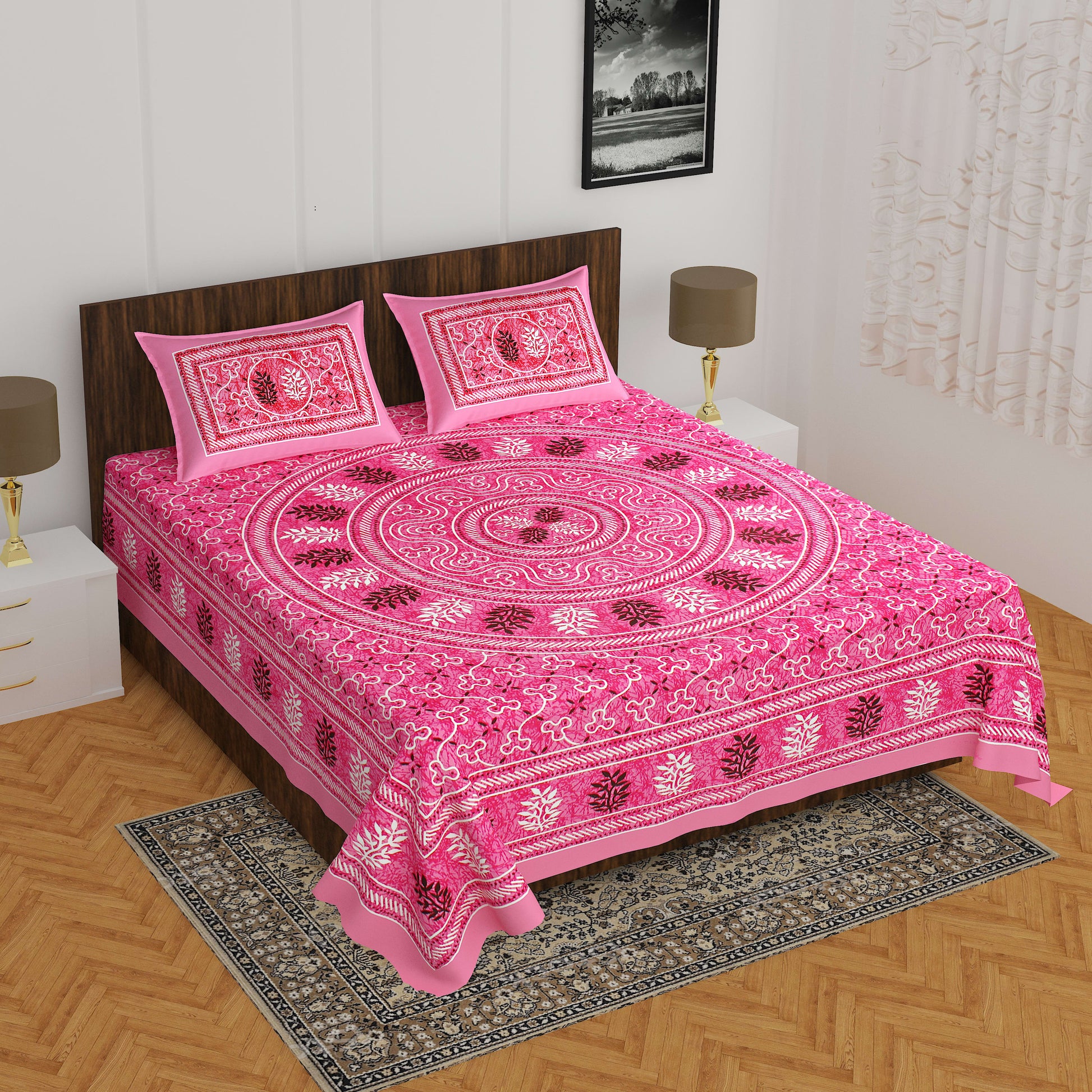 Jaipuri Traditional Double Bed Bedsheet with 2 Pillow Covers