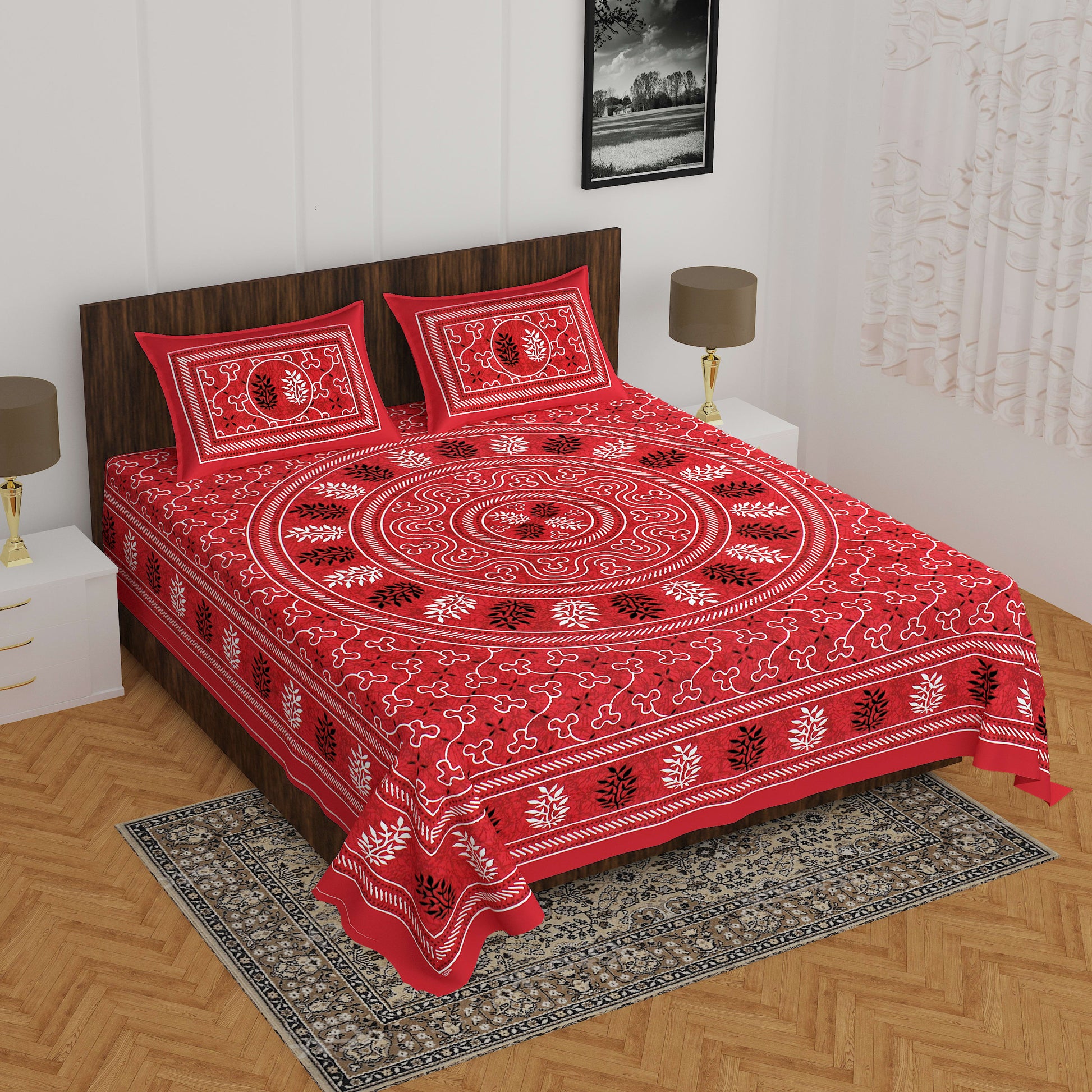 Jaipuri Traditional Double Bed Bedsheet with 2 Pillow Covers