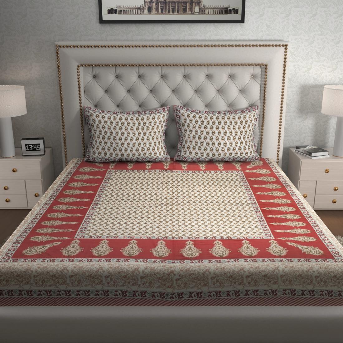 Jaipuri Traditional Double Bedsheet with 2 Pillow Covers - ( Red)