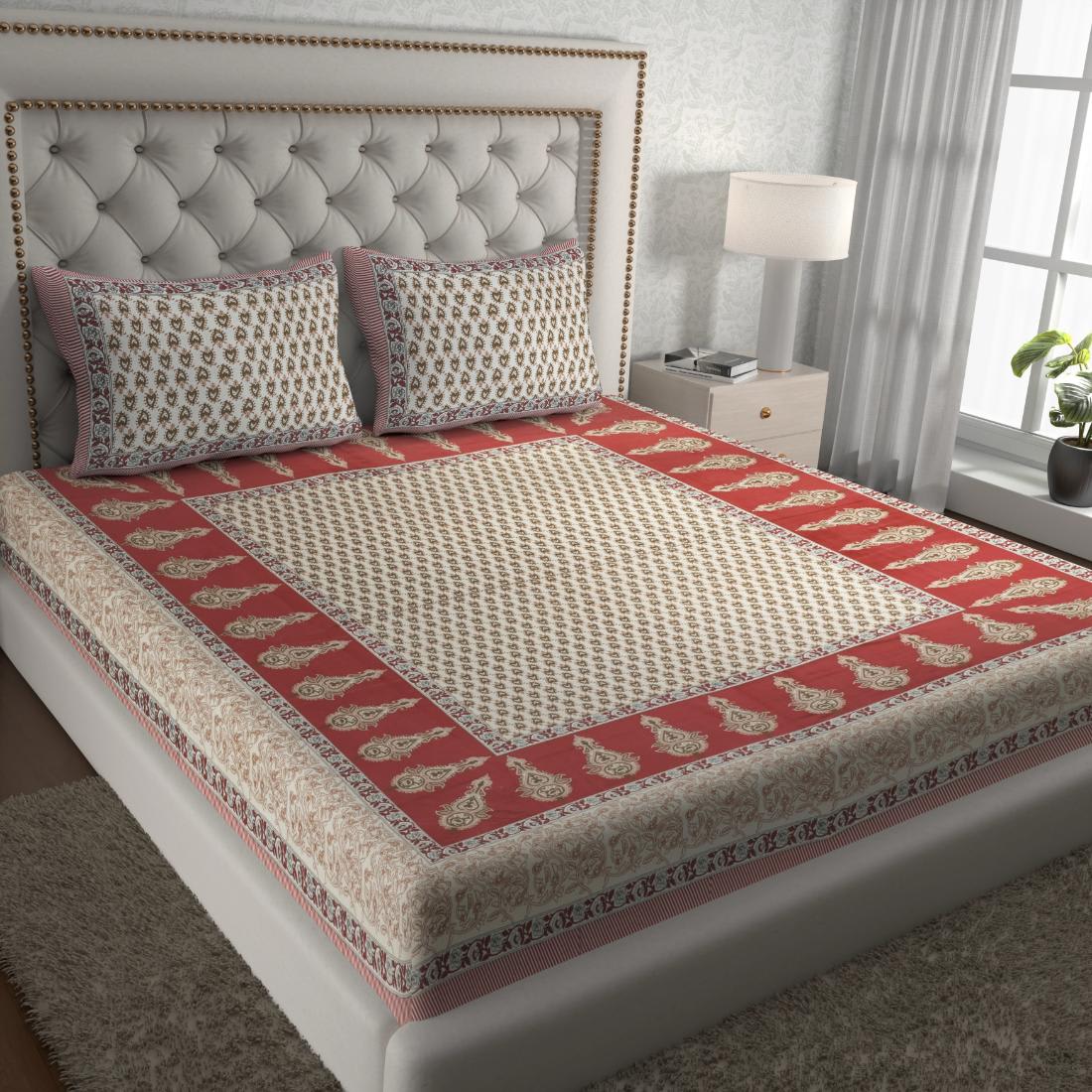 Jaipuri Traditional Double Bedsheet with 2 Pillow Covers - ( Red)