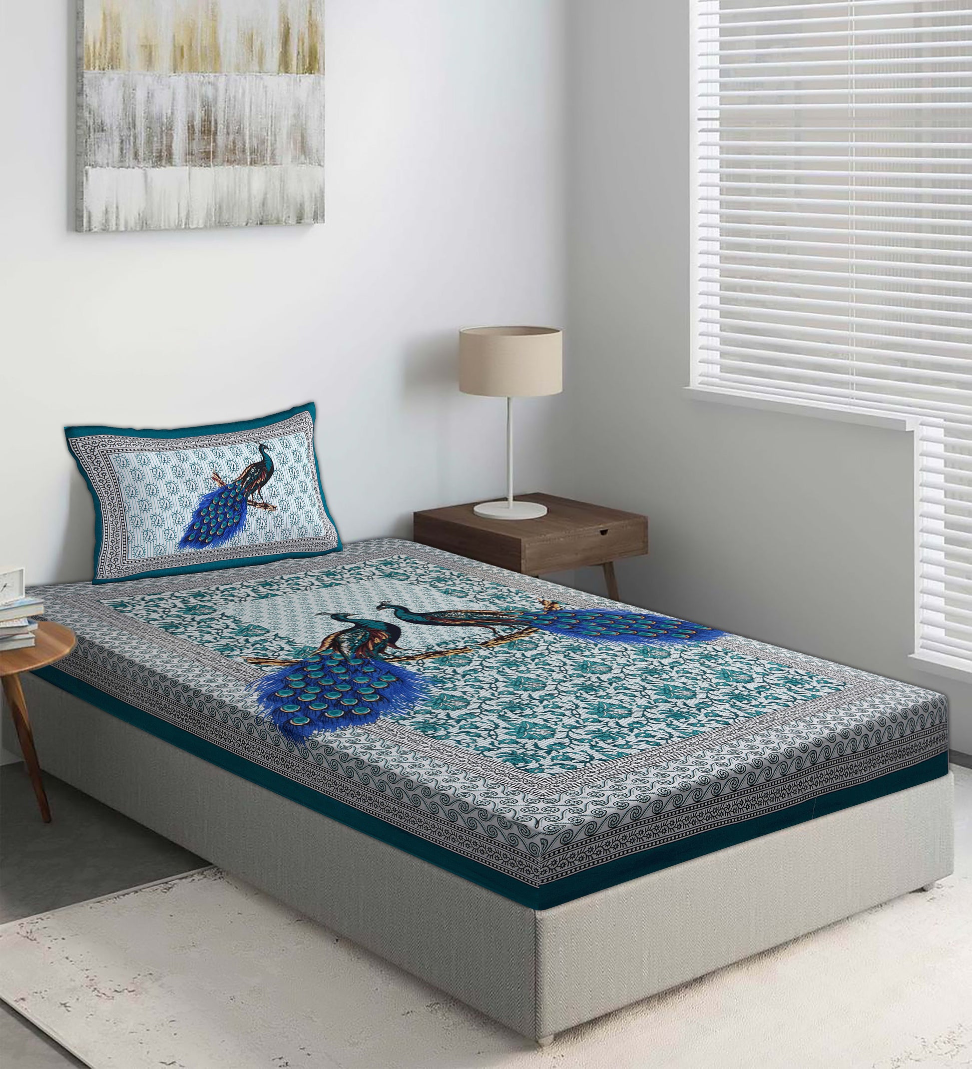 Jaipuri  Prints Cotton Single Bedsheet (Green)
