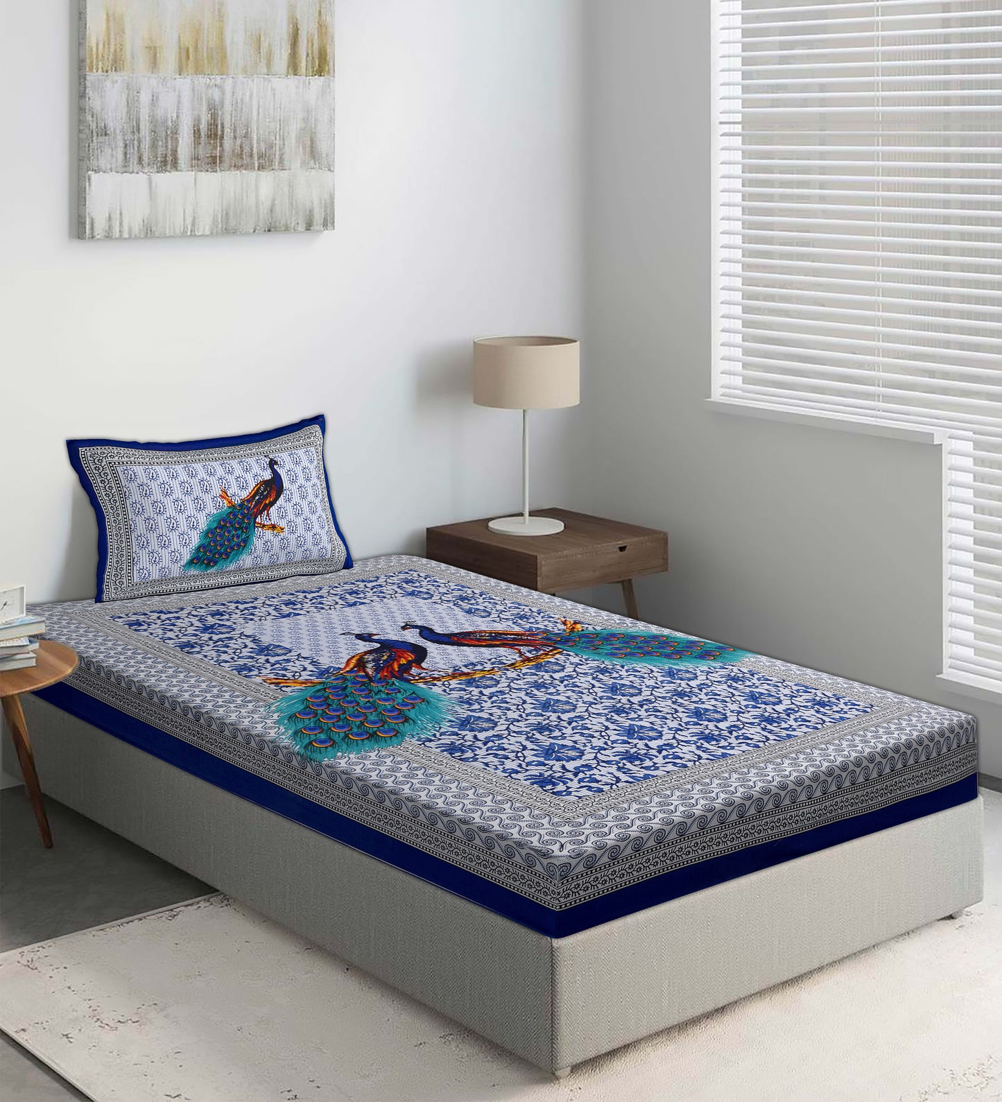 Jaipuri  Prints  Cotton Single Bedsheet (Blue)