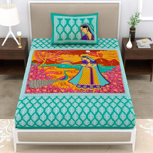 Jaipuri  Prints  Cotton Single Bedsheet (Green)