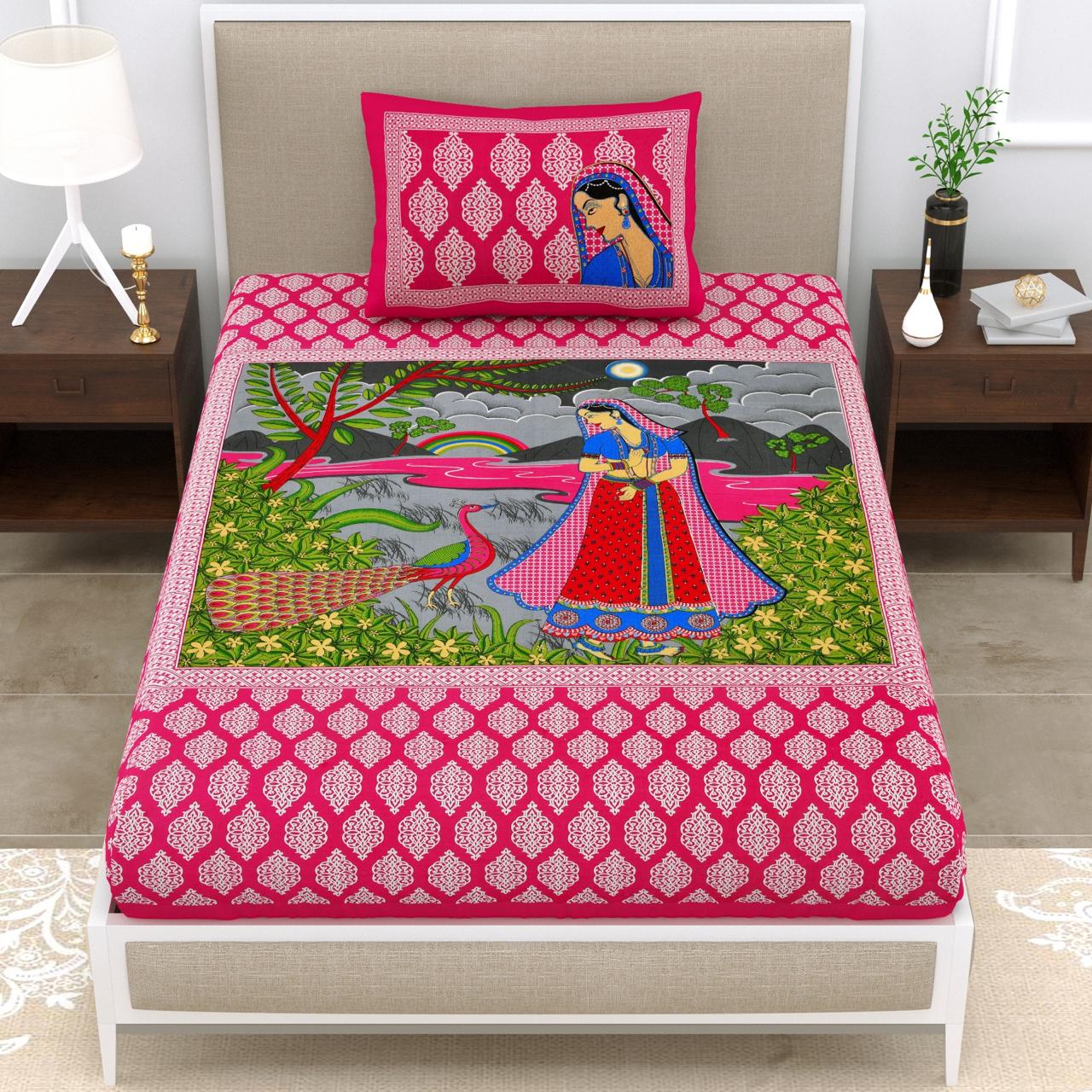 Jaipuri  Prints  Cotton Single Bedsheet (Pink)