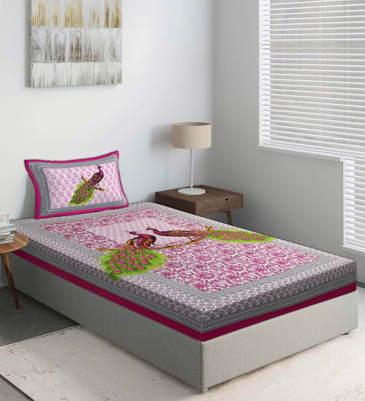 Jaipuri  Prints  Cotton Single Bedsheet (Pink)