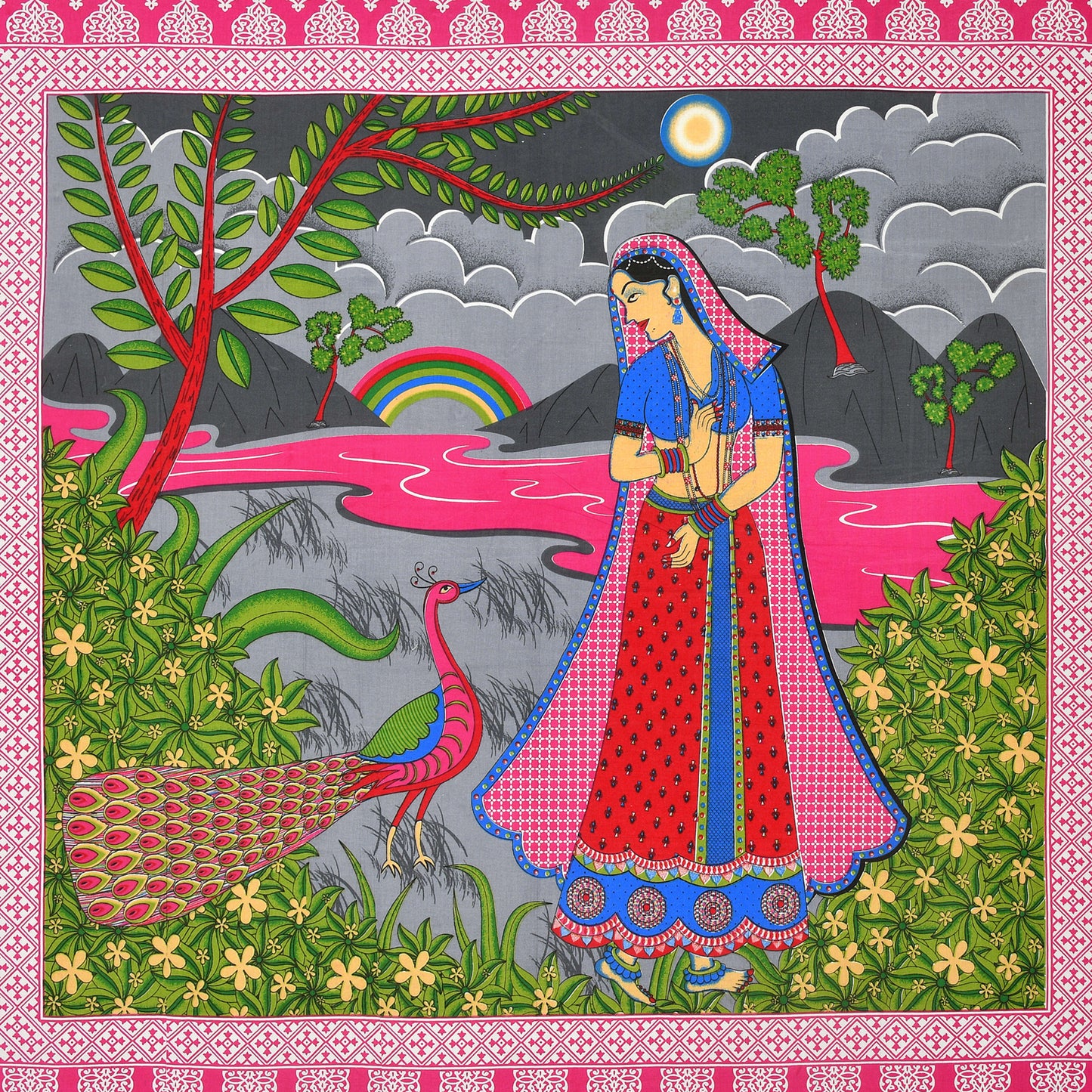 Jaipuri  Prints  Cotton Single Bedsheet (Pink)