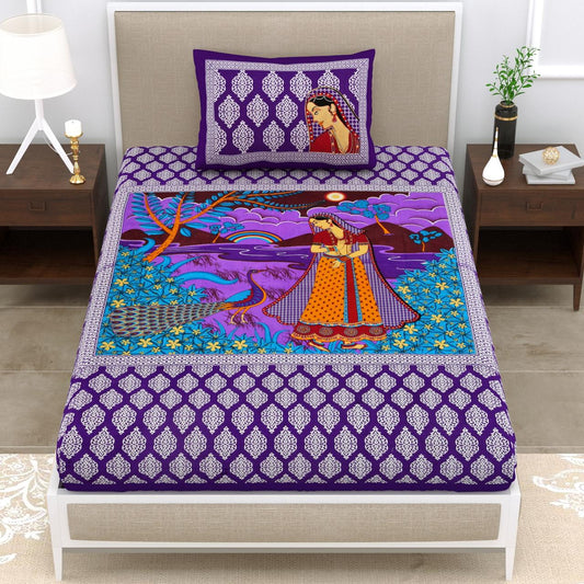 Jaipuri  Prints  Cotton Single Bedsheet (Purpal)