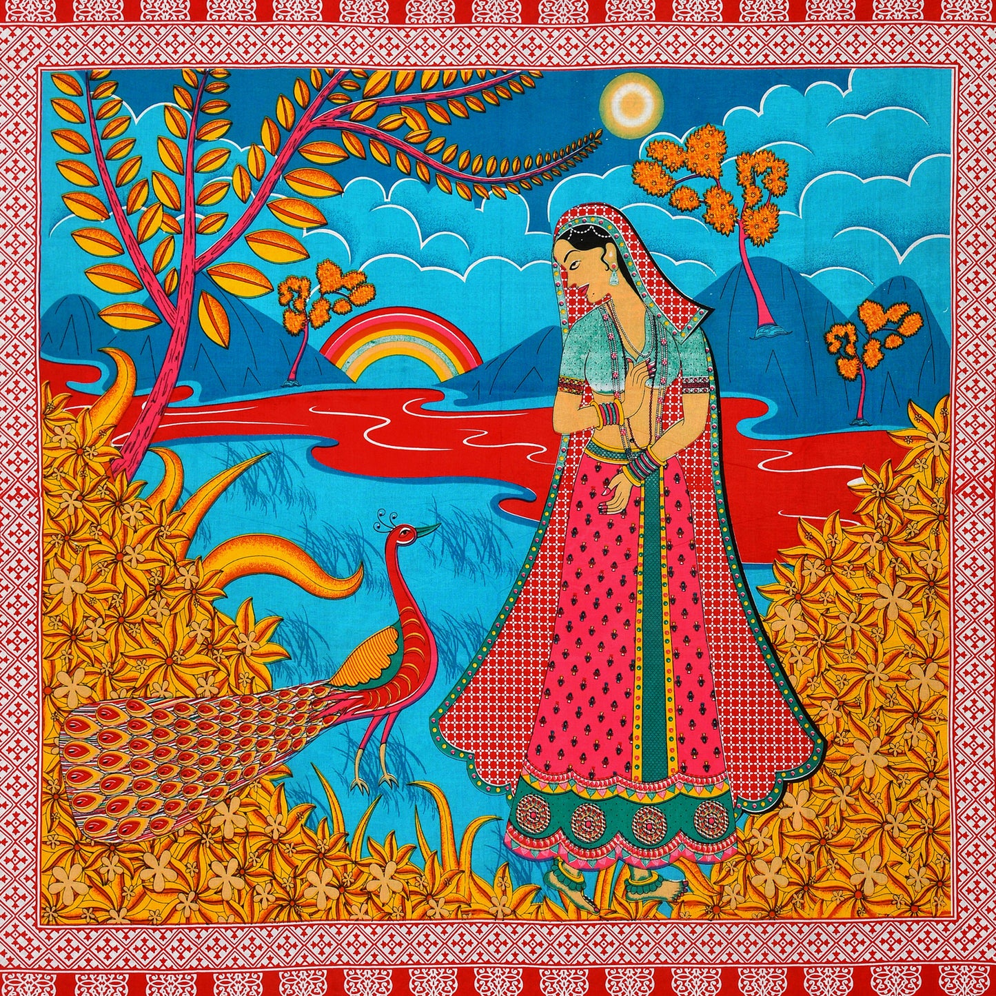 Jaipuri  Prints  Cotton Single Bedsheet (Red)
