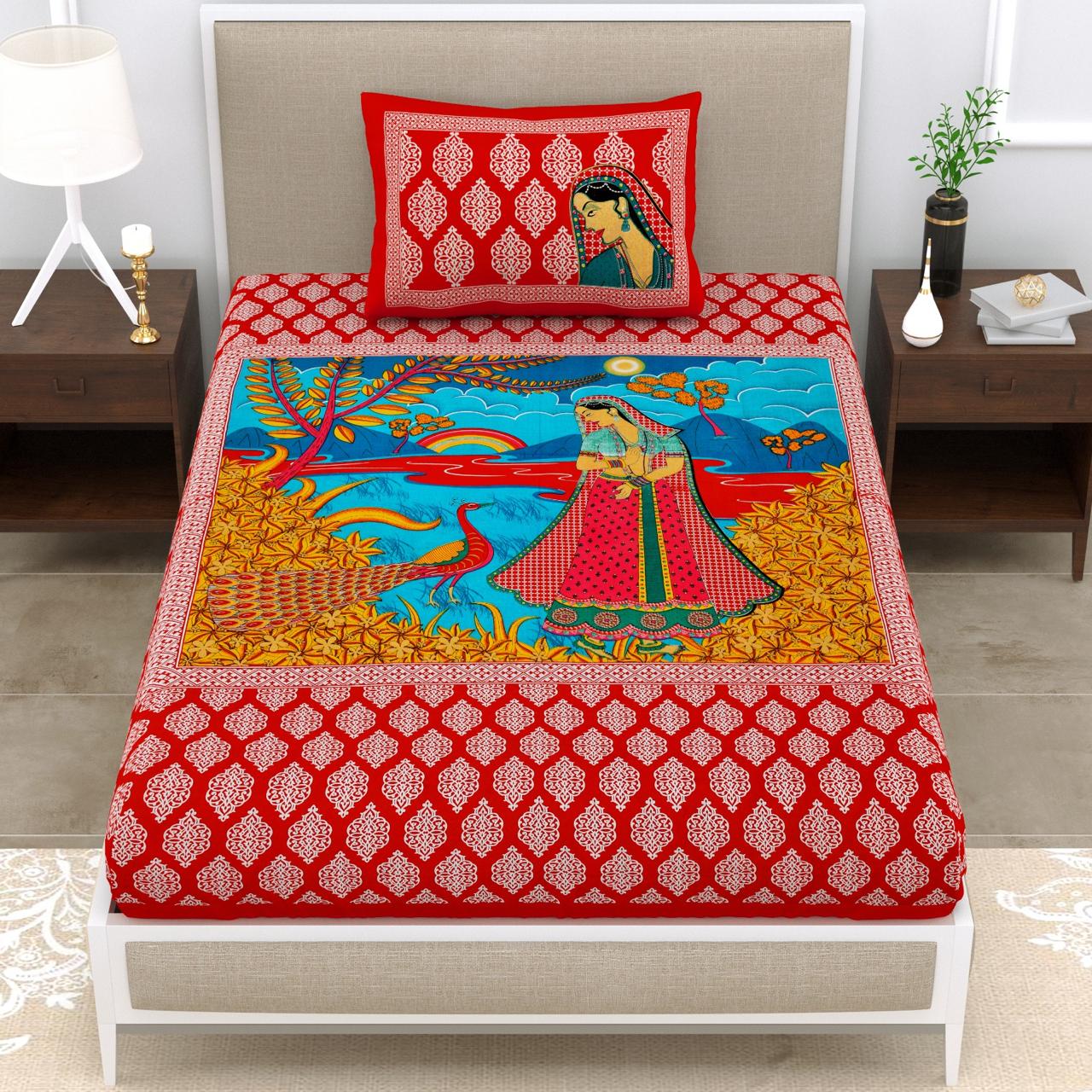 Jaipuri  Prints  Cotton Single Bedsheet (Red)
