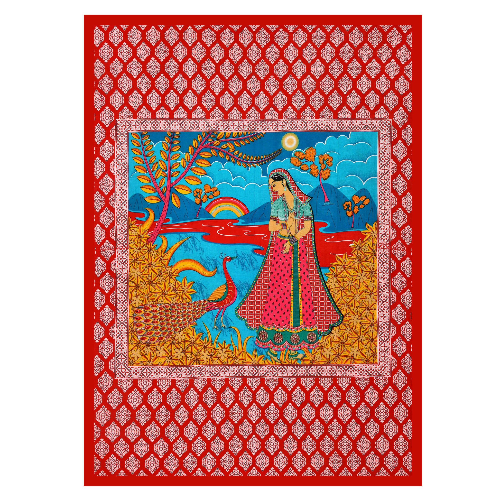Jaipuri  Prints  Cotton Single Bedsheet (Red)