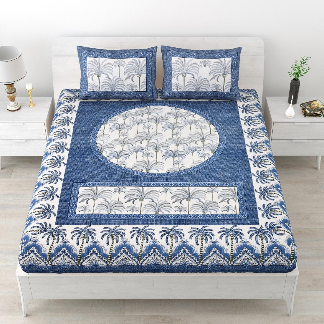 Khajoor print Cotton double bedsheet with 2  pillow cover Blue