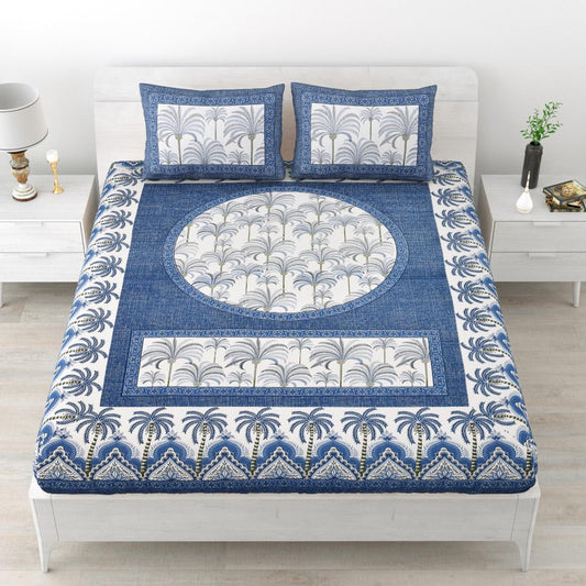 Khajoor print Cotton double bedsheet with 2  pillow cover Blue