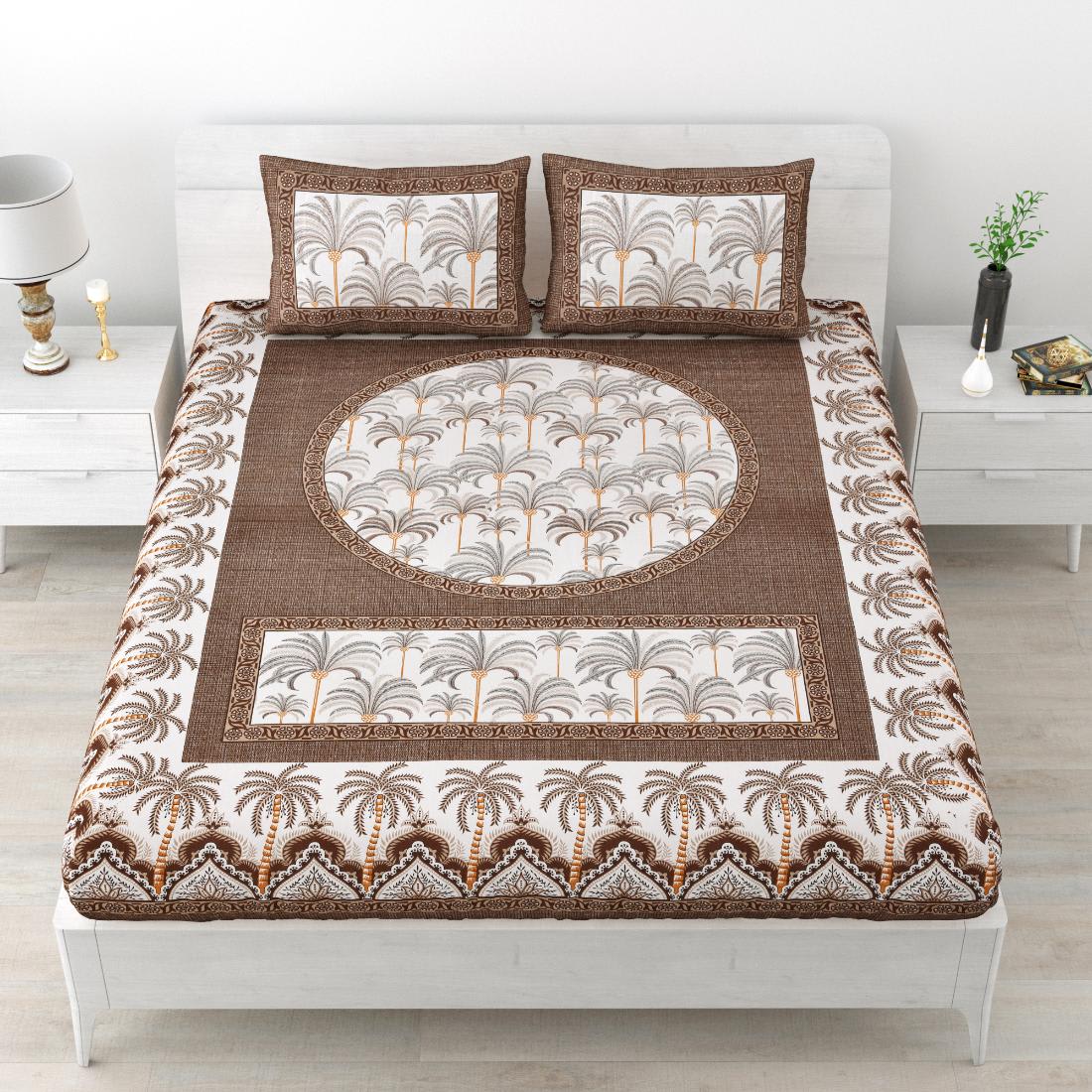 Khajoor print Cotton double bedsheet with 2  pillow cover Brown