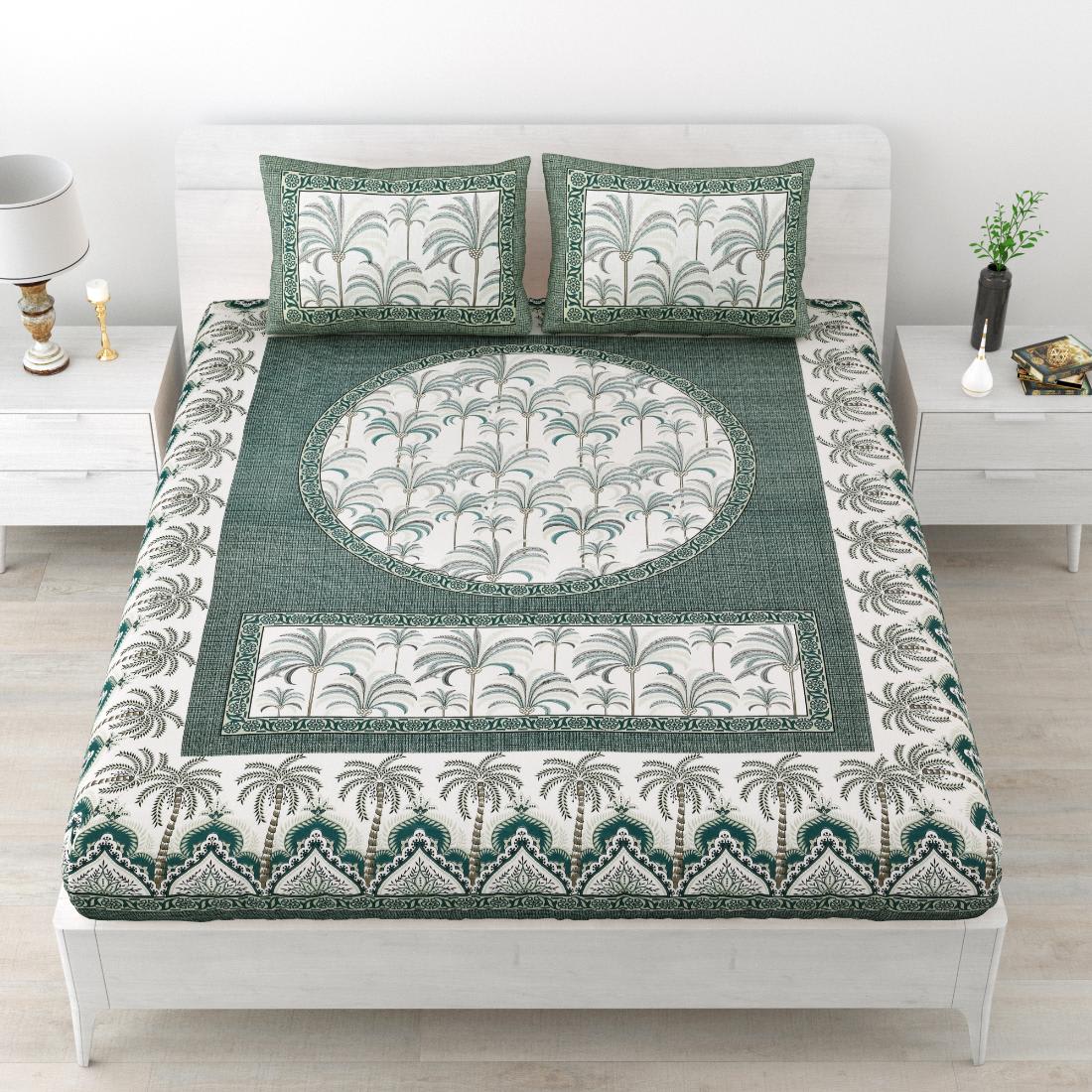 Khajoor print Cotton double bedsheet with 2  pillow cover Green